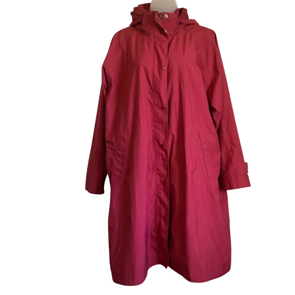 LL Bean Womens 1X H2OFF Rain Jacket Hooded Long Trench Coat Raspberry Red 0CCD6